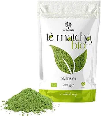 ERBOTECH Thé Matcha BIO/Thé Vert Japonais Biologique en Poudre, Sac de 500 g, Multivitamines 100% Naturel, Végétalien, Idéal pour les Desserts, les Smoothies, Thé glacé