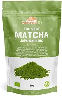Thé Matcha Bio Japonais – Premium Qualité – 50 gr. Thé Vert Matcha en Poudre Naturel. Matcha Green Tea Produit au Japon Uji, Kyoto. Idéal à Boire, pour Cuisiner et dans le Lait. NaturaleBio