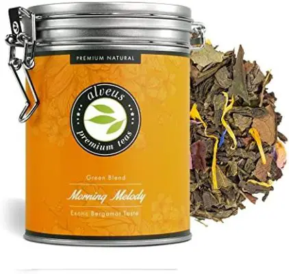 “Morning Melody” Thé Vert Bio goût Mangue Bergamote et Orange en Vrac – (40 Tasses) Boîte 100 Grammes – Idéal en Thé Glacé – par alveus Premium Teas