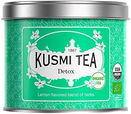 Kusmi Tea – Detox Bio – Thé vert bio, thé maté et mélanges de plantes aromatisé citron – Boîte thé métal 100 g – Environ 40 tasses