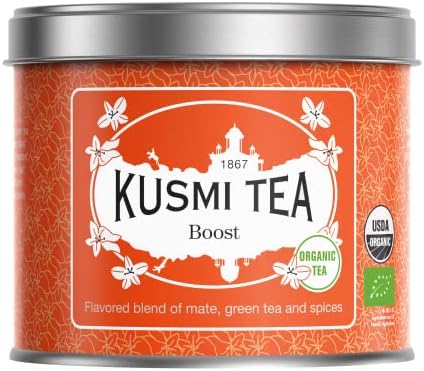 Kusmi Tea – Thé Boost Bio – Mélange Aromatisé de Maté, Thé Vert et Épices – Cannelle, Cardamome et Gingembre – Recette Tonique – Boîte de 100g