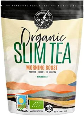 SLIM TEA Morning Boost Energie BIO – Thé Minceur – Bruleur de Graisse Puissant – Coupe Faim – Tisane Detox & Draineur – Thé Vert, Ortie, Pissenlit, Moringa, Mangue, Thé en Vrac 100 g – VITSTORM